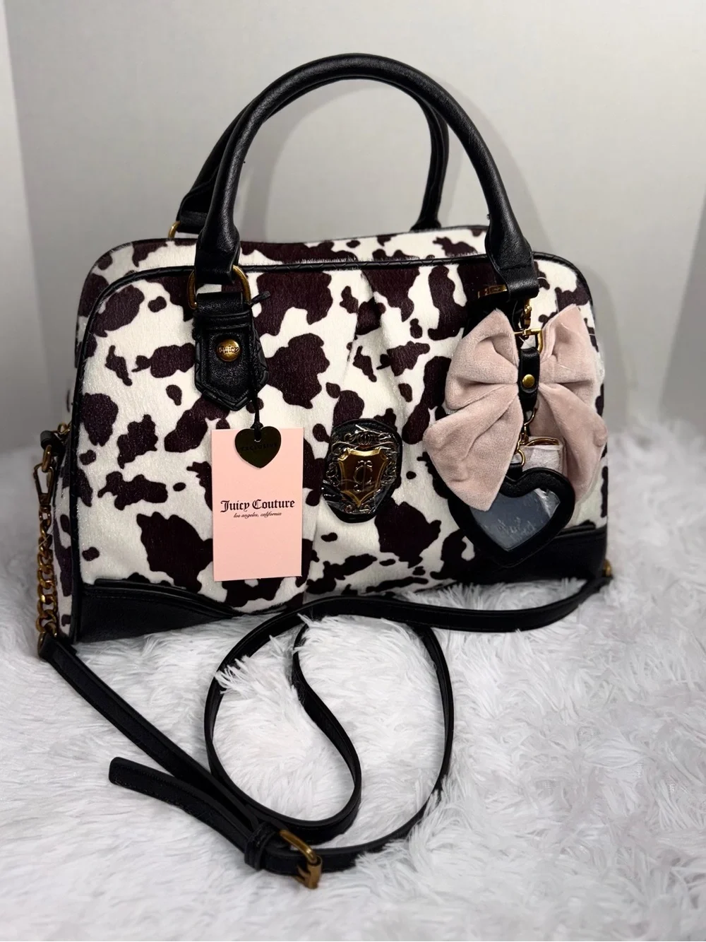 Juicy Couture Black & White Cow Print Satchel with Pink Bow Charm